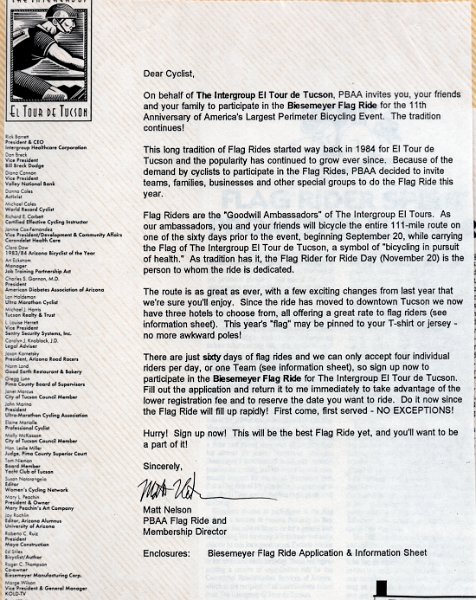 Ride - Oct 1993- El Tour de Tucson Flag Ride - Invitation